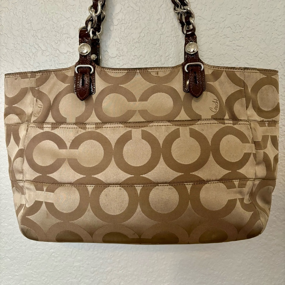 Coach Canvas Leather Tote Madison Tribeca Op Art Small Gold Tan Brown Pink Satin - Picture 8 of 15